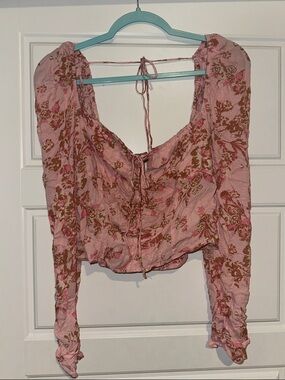 Free People Pink Floral Tie-Front Long Sleeve Crop Top